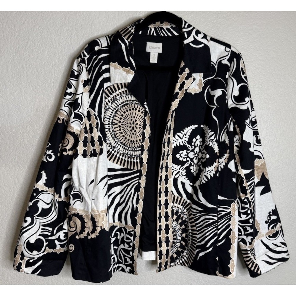 Chicos 3 US XL Jacket Black White Tan Paisley Geometric Open Front Blazer Career